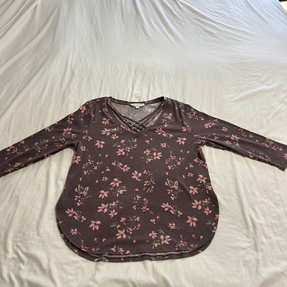 Cloud Chaser Womens XL Floral Ribbed Top Mauve Pink Lattice V-Neck Long‎ Sleeve